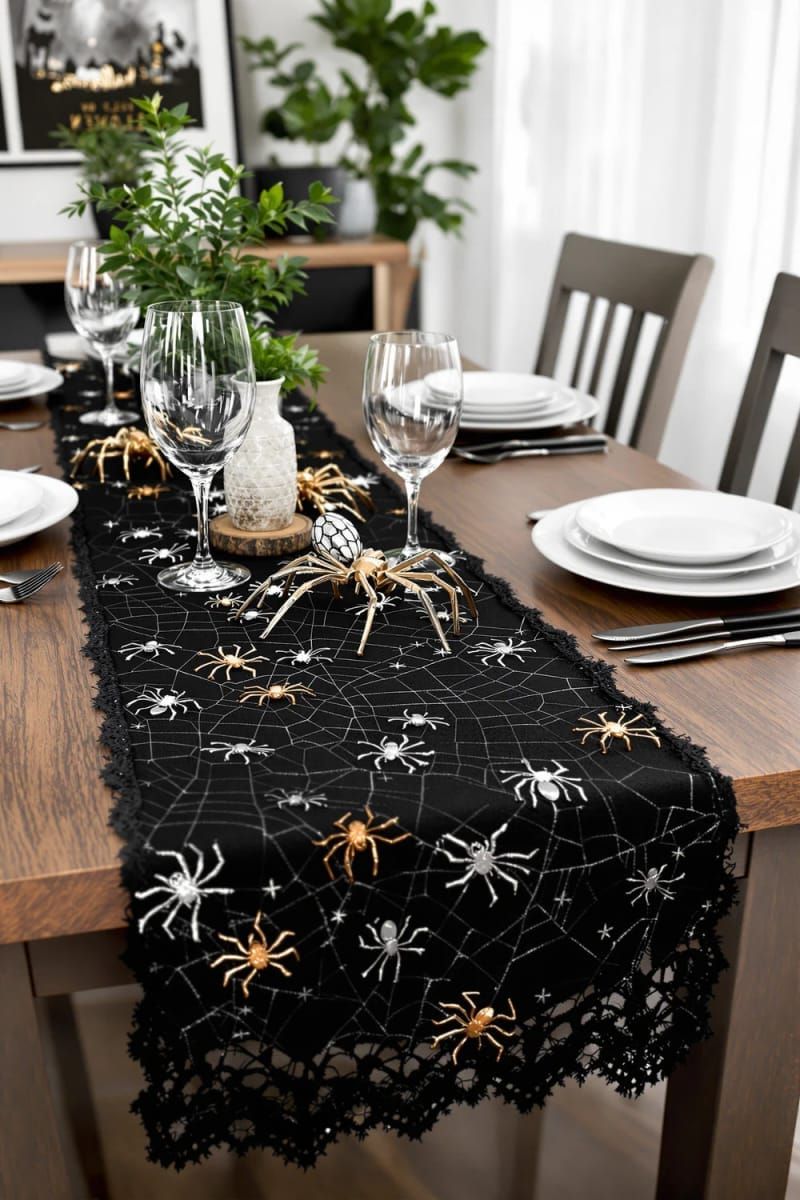 21 Spooky Hacks for Unique Halloween Home Decorations Ideas 55 spiderweb table runner with metallic spider accents 1