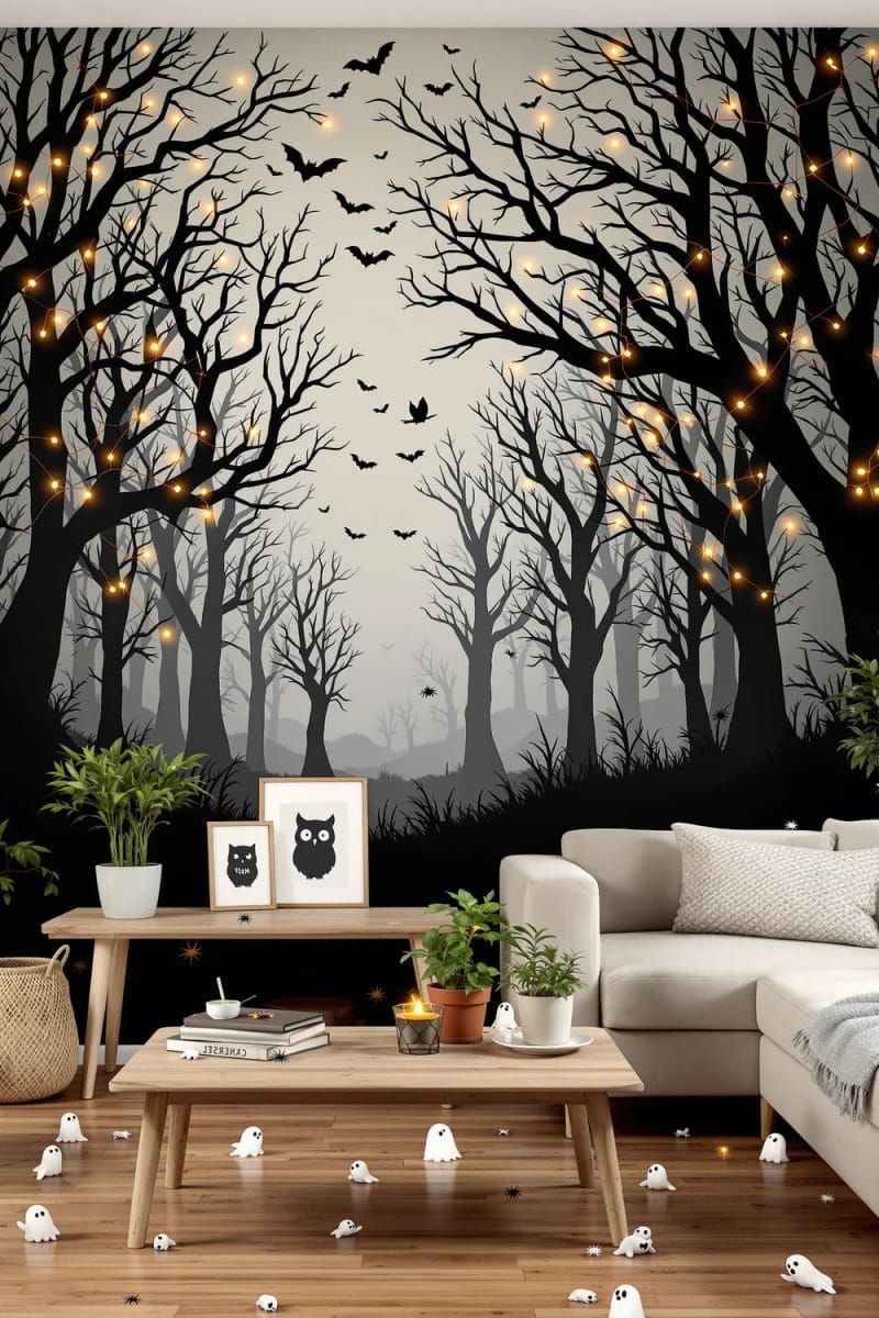 21 Spooky Hacks for Unique Halloween Home Decorations Ideas 39 haunted forest mural using removable wall decals and fairy lights 1