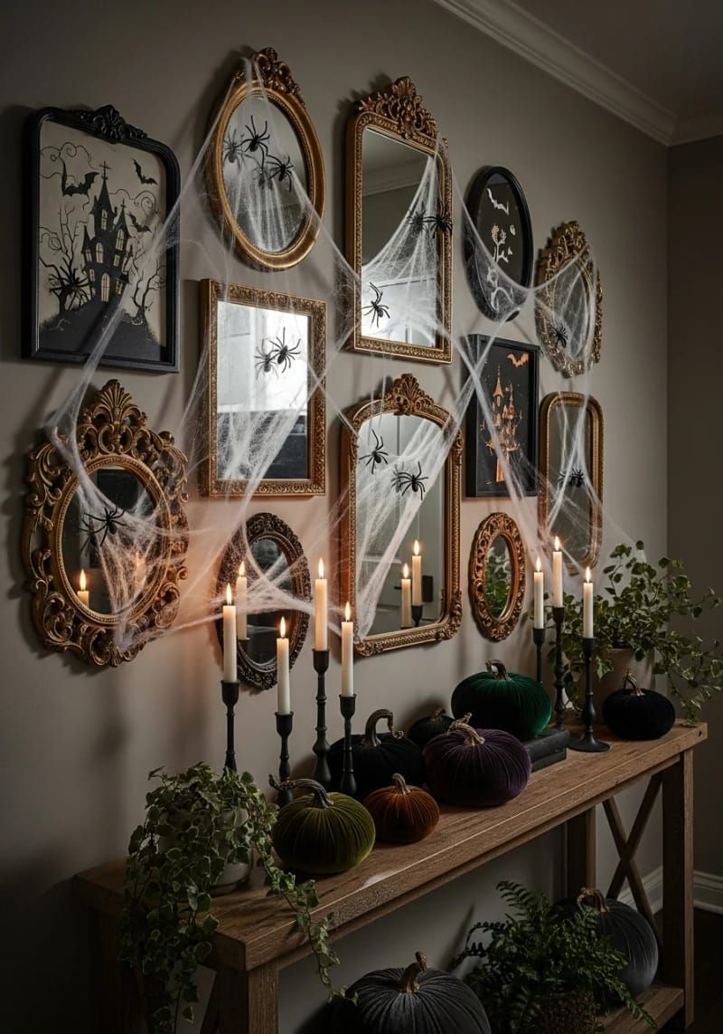 21 Spooky Hacks for Unique Halloween Home Decorations Ideas 33 cobweb-covered mirror gallery wall for a gothic glam vibe 1