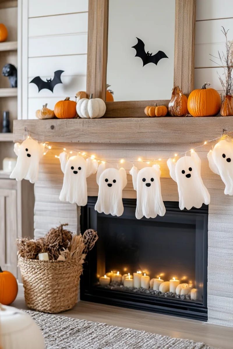 21 Spooky Hacks for Unique Halloween Home Decorations Ideas 23 glowing ghost garlands crafted from cheesecloth and string lights 1