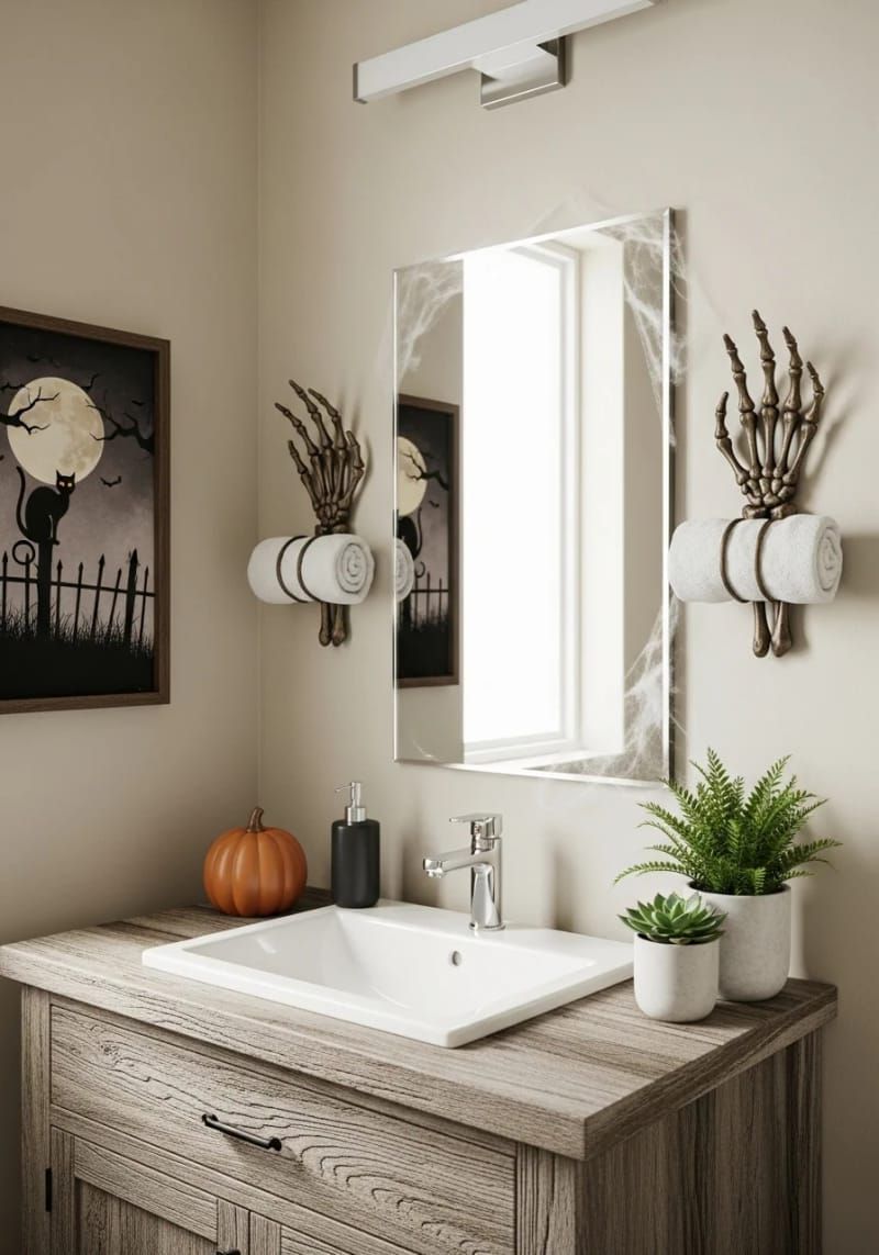 21 Spooky Hacks for Unique Halloween Home Decorations Ideas 34 skeleton hand towel holders in the guest bathroom 1