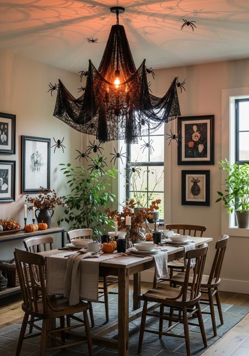21 Spooky Hacks for Unique Halloween Home Decorations Ideas 13 spooky chandelier made from black lace and dangling faux spiders 1