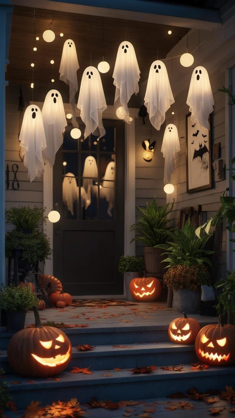 21 Spooky Hacks for Unique Halloween Home Decorations Ideas 25 glowing ghost garlands crafted from cheesecloth and string lights 1