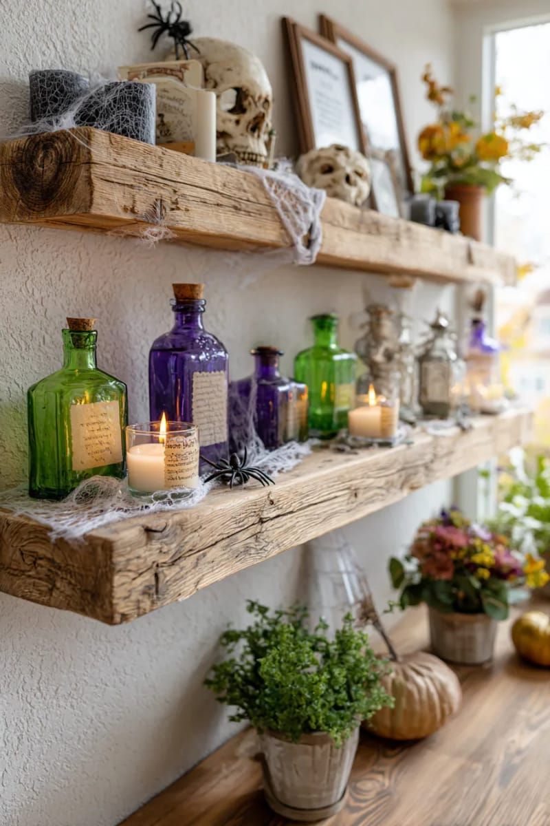 21 Spooky Hacks for Unique Halloween Home Decorations Ideas 30 potion bottle shelf with mysterious labels and flickering candles 1