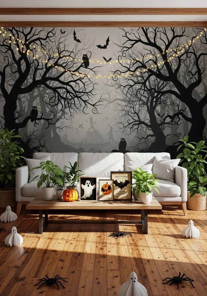 21 Spooky Hacks for Unique Halloween Home Decorations Ideas 38 haunted forest mural using removable wall decals and fairy lights 1