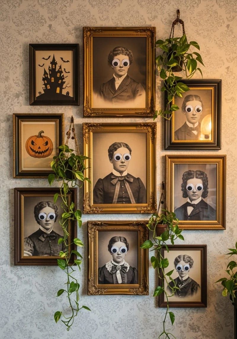 21 Spooky Hacks for Unique Halloween Home Decorations Ideas 49 eerie victorian portraits with googly eyes glued on 1