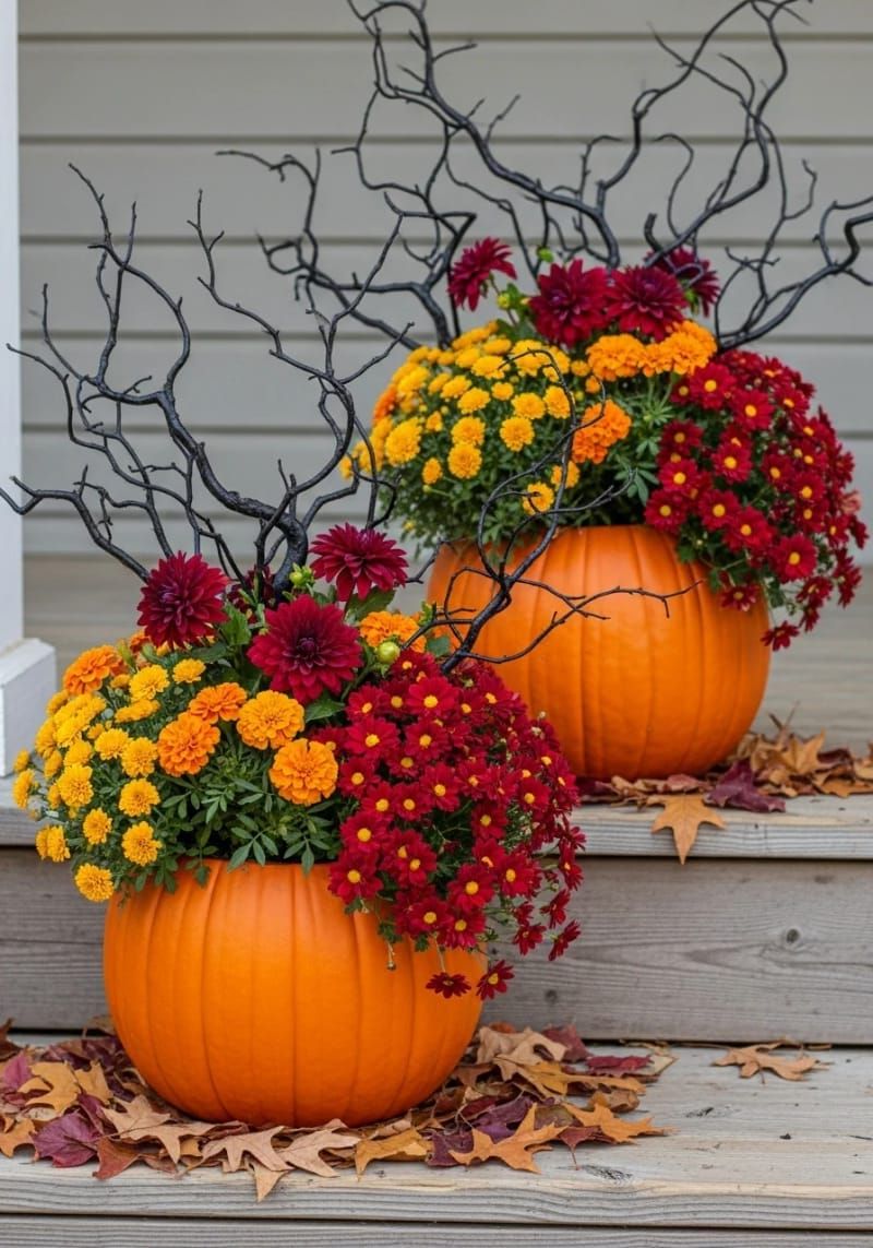 21 Spooky Hacks for Unique Halloween Home Decorations Ideas 14 pumpkin planters overflowing with cascading autumn florals and black branches 1