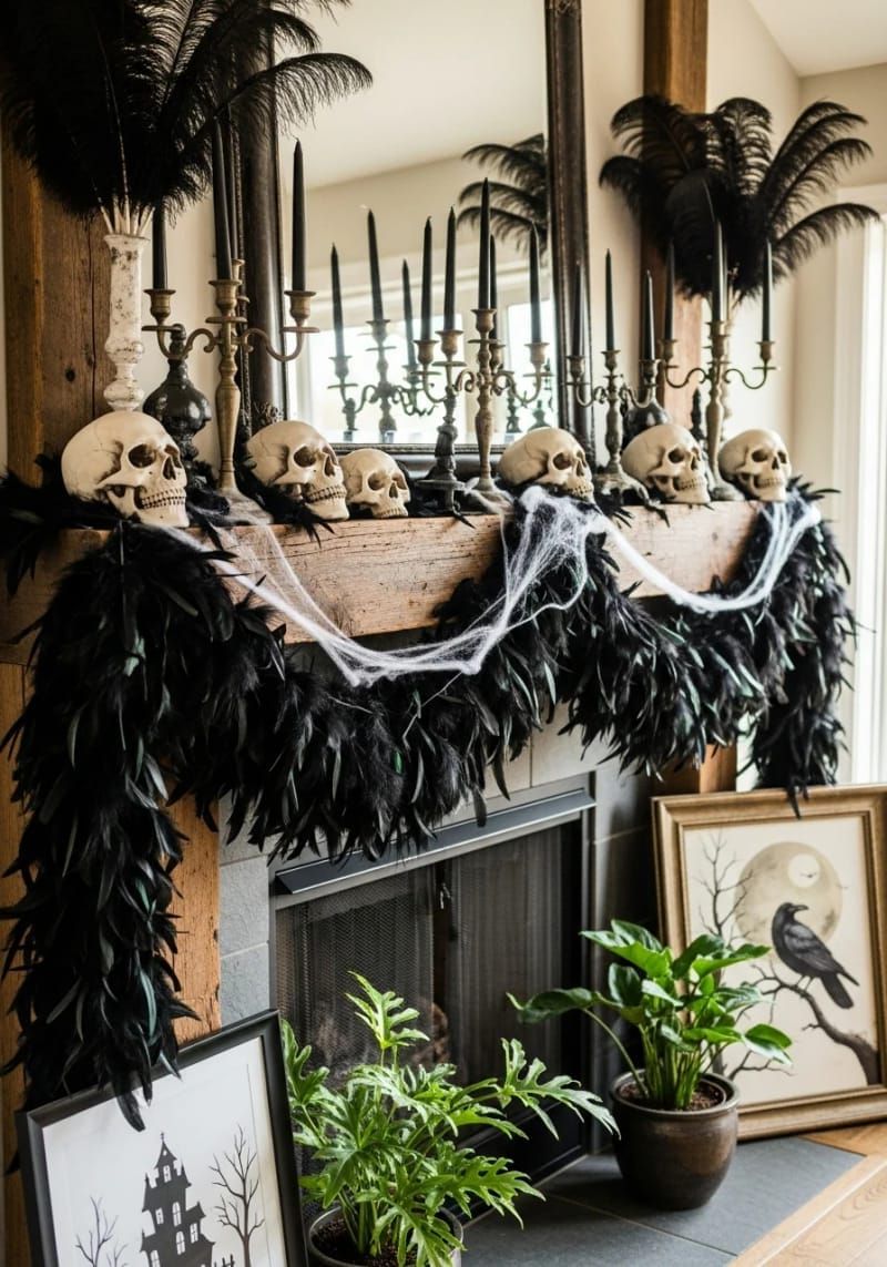 21 Spooky Hacks for Unique Halloween Home Decorations Ideas 41 mantel adorned with black feathers, skulls, and candelabras 1