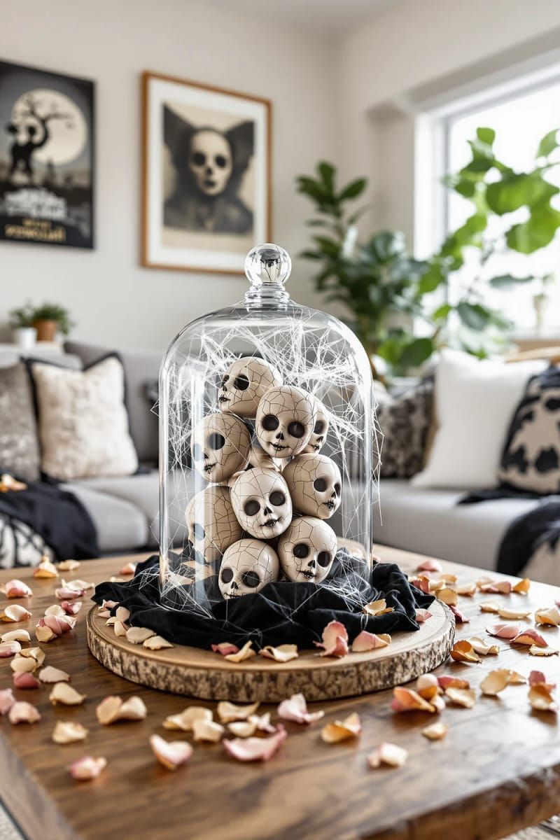 21 Spooky Hacks for Unique Halloween Home Decorations Ideas 20 creepy doll heads arranged in a glass display dome centerpiece 1