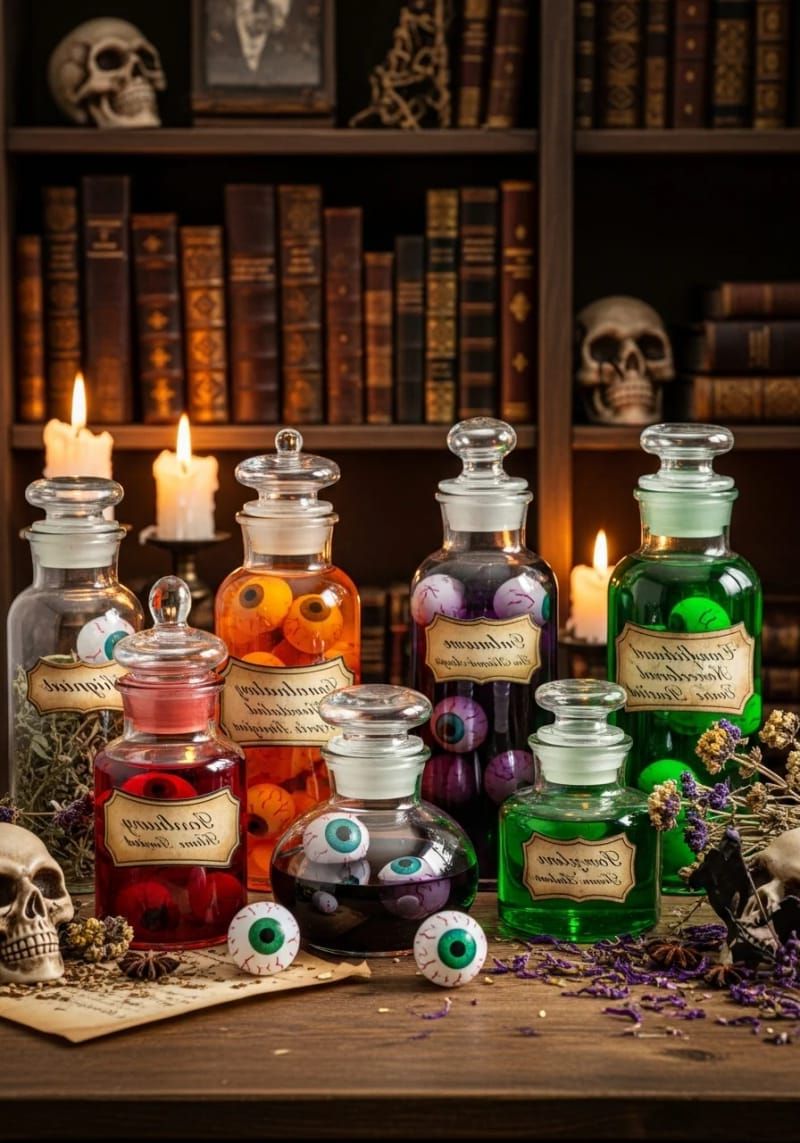 21 Spooky Hacks for Unique Halloween Home Decorations Ideas 6 vintage apothecary jars filled with eerie colored liquids and floating eyeballs 1