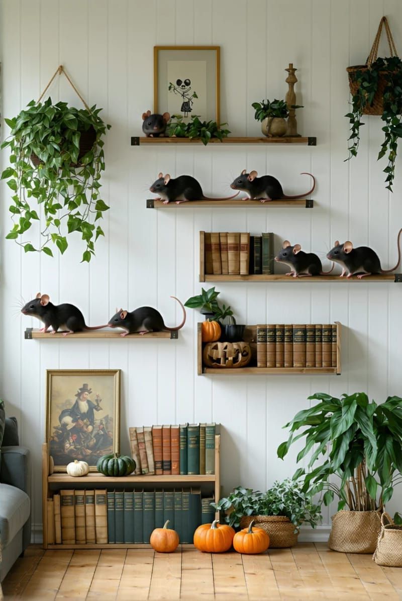 21 Spooky Hacks for Unique Halloween Home Decorations Ideas 47 fake mice and rats peeking out from baseboards and shelves 1