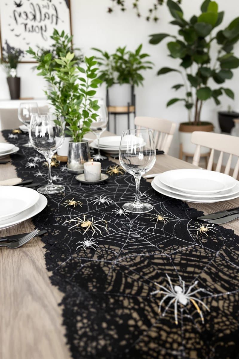 21 Spooky Hacks for Unique Halloween Home Decorations Ideas 57 spiderweb table runner with metallic spider accents 1