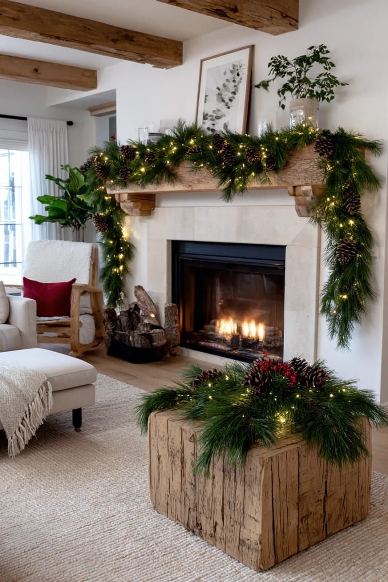 31 Cozy Rustic Decor Ideas for a Warm Xmas 6 pinecone garlands draped across a barnwood mantel with twinkling fairy lights 1