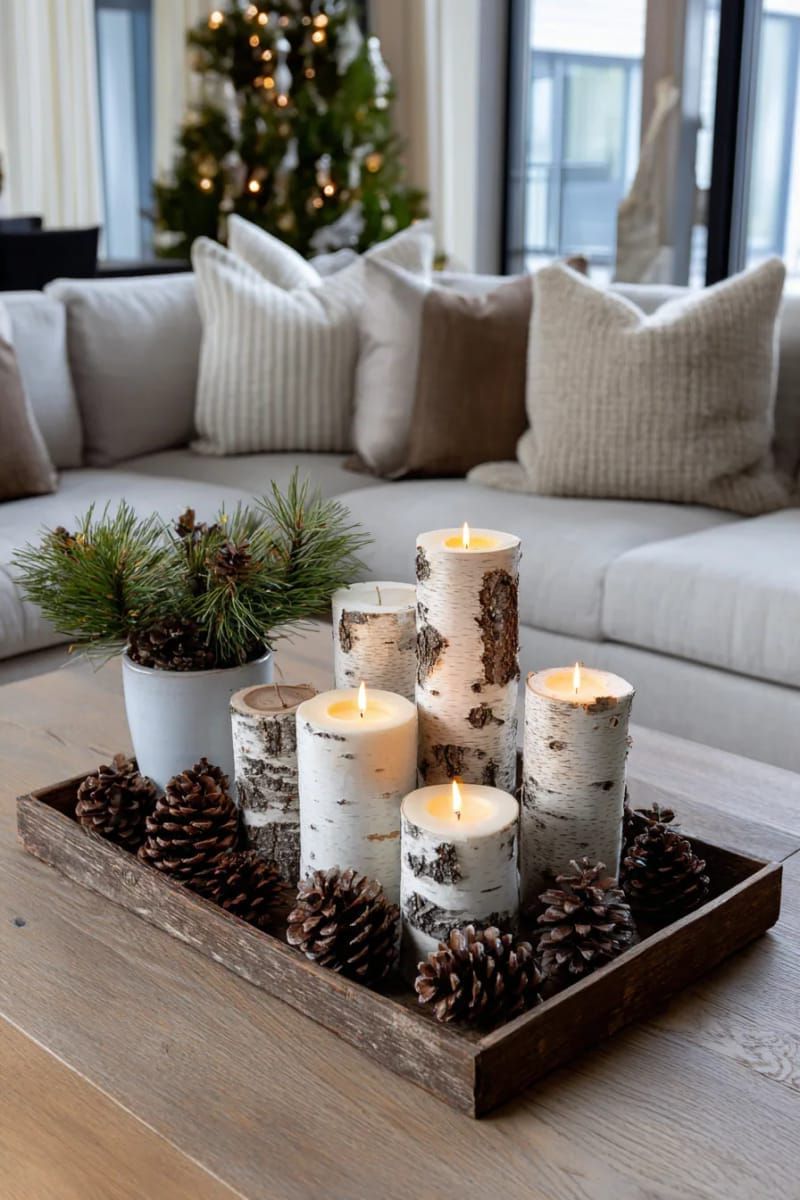 31 Cozy Rustic Decor Ideas for a Warm Xmas 21 birch log candle holders grouped with pinecones on a reclaimed wood tray 1