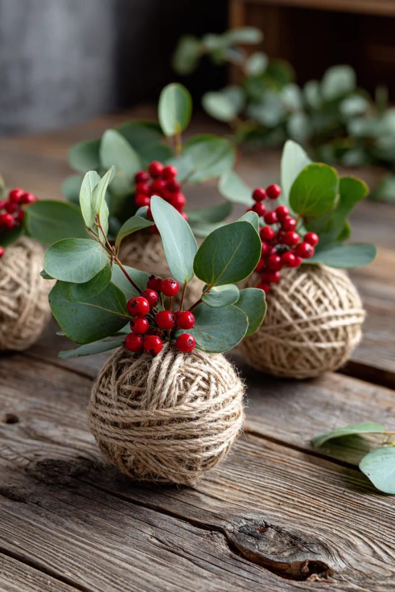 31 Cozy Rustic Decor Ideas for a Warm Xmas 29 simple twine-wrapped baubles accented with eucalyptus and berry sprigs 1