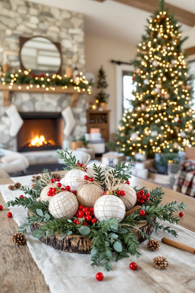 31 Cozy Rustic Decor Ideas for a Warm Xmas 30 simple twine-wrapped baubles accented with eucalyptus and berry sprigs 1