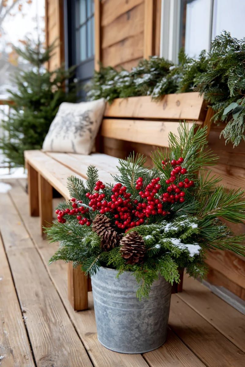 31 Cozy Rustic Decor Ideas for a Warm Xmas 43 outdoor galvanized bucket overflowing with pine boughs and red berries 1