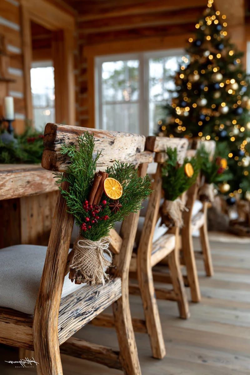 31 Cozy Rustic Decor Ideas for a Warm Xmas 62 dried fruit and herb bundles tied to rustic wooden chair backs 1