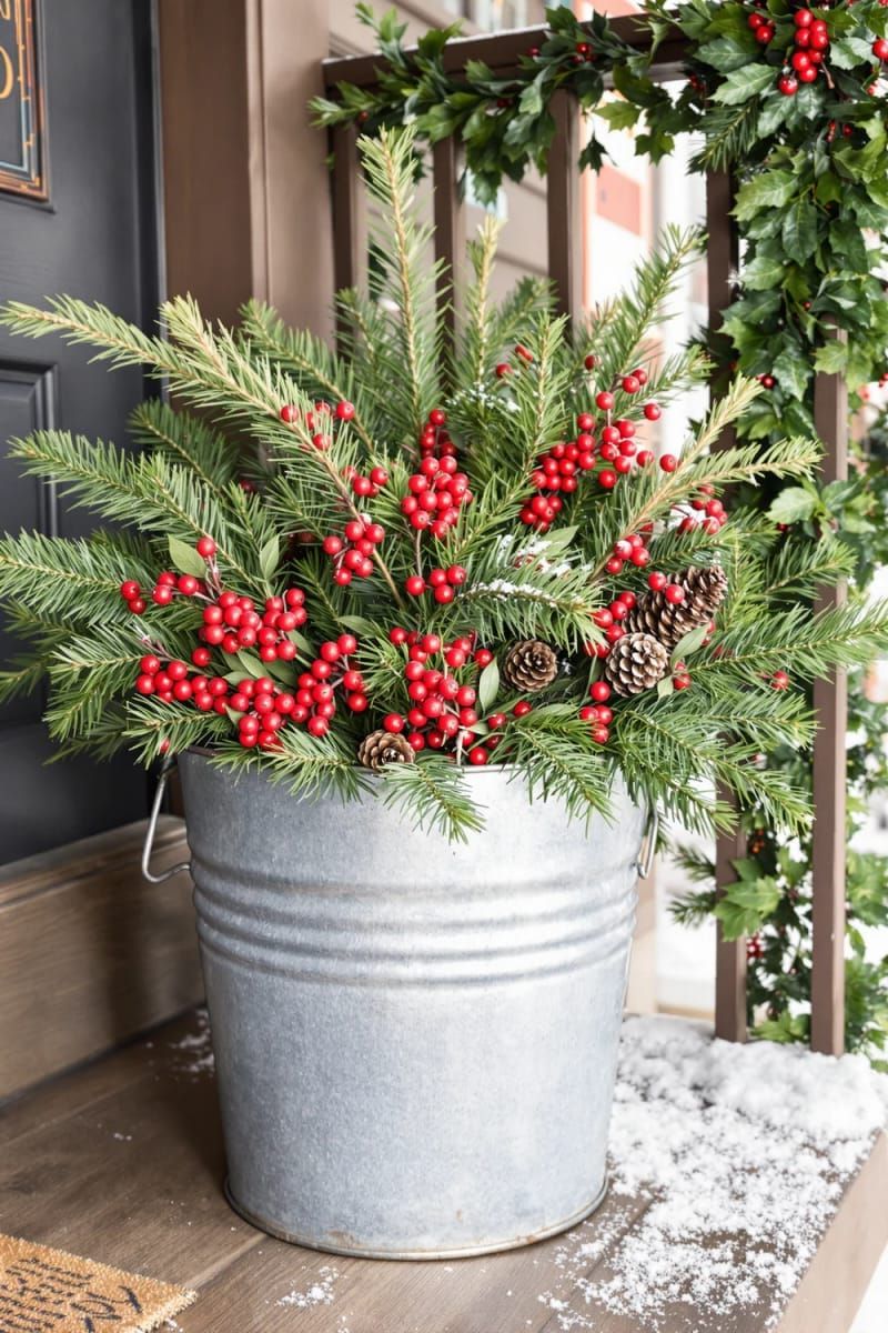 31 Cozy Rustic Decor Ideas for a Warm Xmas 44 outdoor galvanized bucket overflowing with pine boughs and red berries 1