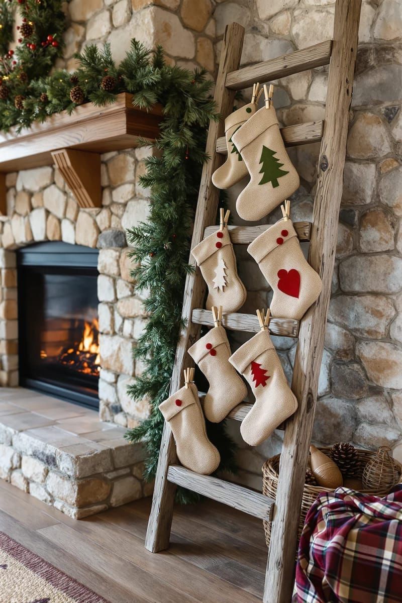 31 Cozy Rustic Decor Ideas for a Warm Xmas 2 miniature burlap stockings hanging from a rustic wooden ladder by the fireplace 1