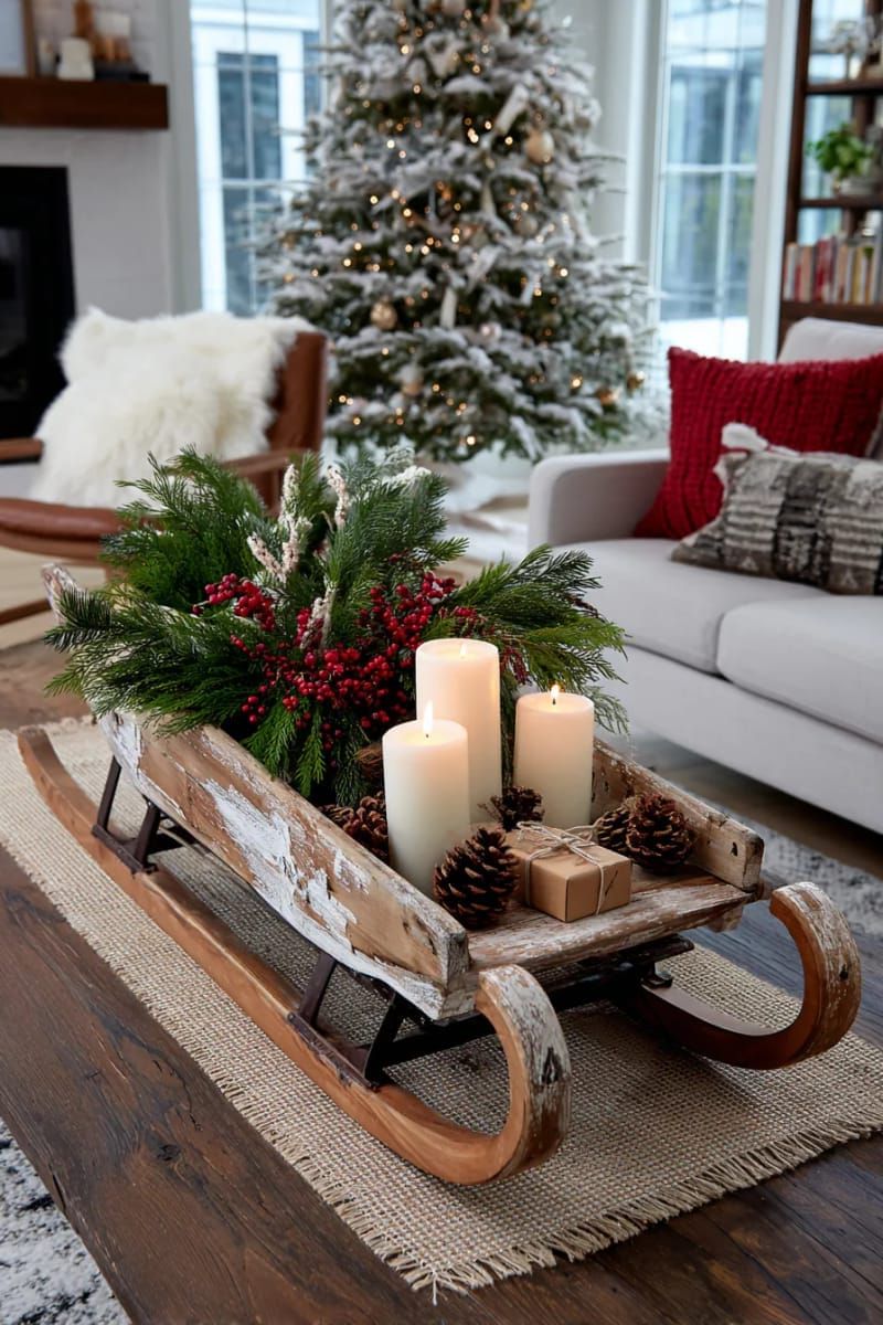 31 Cozy Rustic Decor Ideas for a Warm Xmas 13 vintage sleigh centerpiece with evergreen sprigs and pillar candles 1