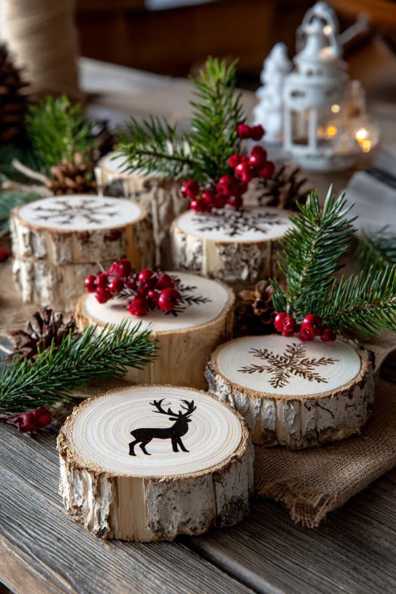 31 Cozy Rustic Decor Ideas for a Warm Xmas 78 natural wood slice coasters stamped with snowflake and reindeer motifs 1