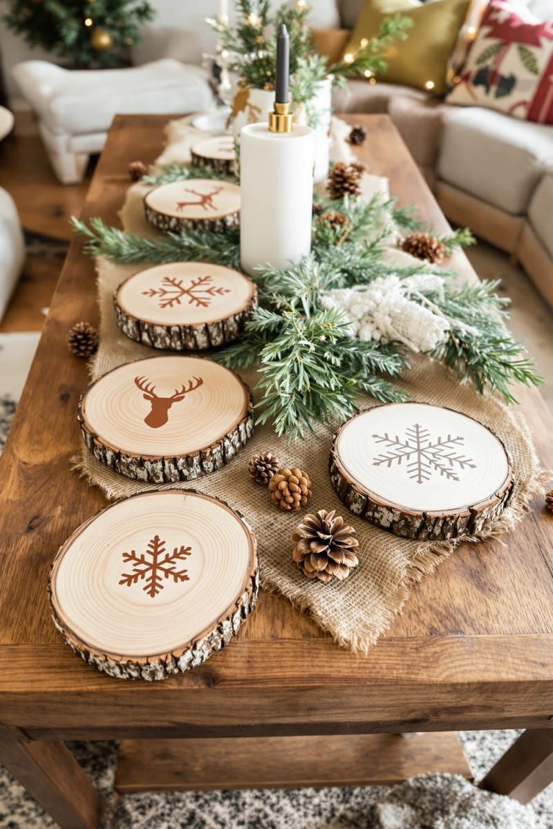 31 Cozy Rustic Decor Ideas for a Warm Xmas 77 natural wood slice coasters stamped with snowflake and reindeer motifs 1