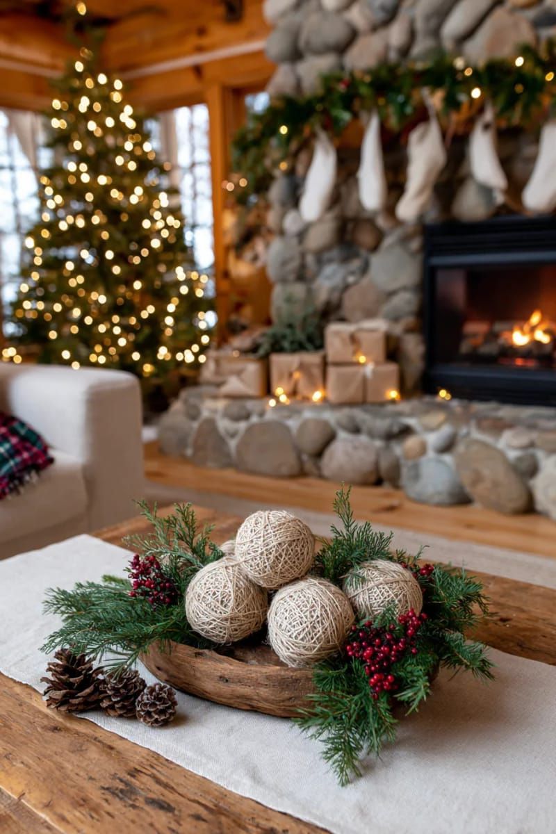 31 Cozy Rustic Decor Ideas for a Warm Xmas 31 simple twine-wrapped baubles accented with eucalyptus and berry sprigs 1