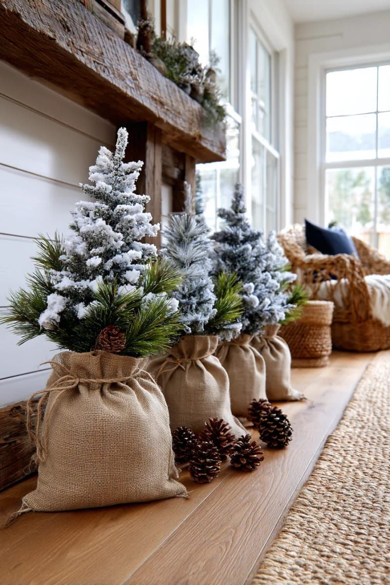 31 Cozy Rustic Decor Ideas for a Warm Xmas 74 mini snowy flocked trees in burlap sacks for a farmhouse corner 1
