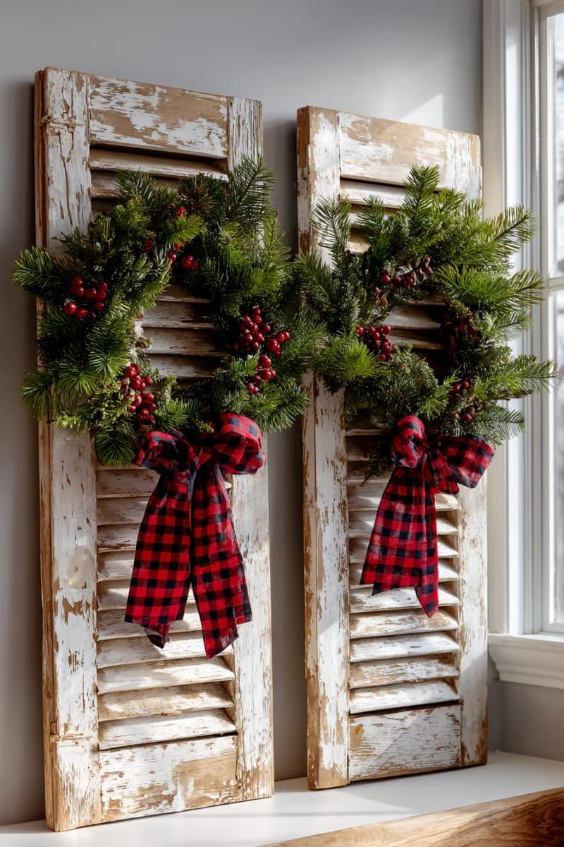 31 Cozy Rustic Decor Ideas for a Warm Xmas 70 repurposed wood shutters adorned with festive wreath and plaid ribbon 1