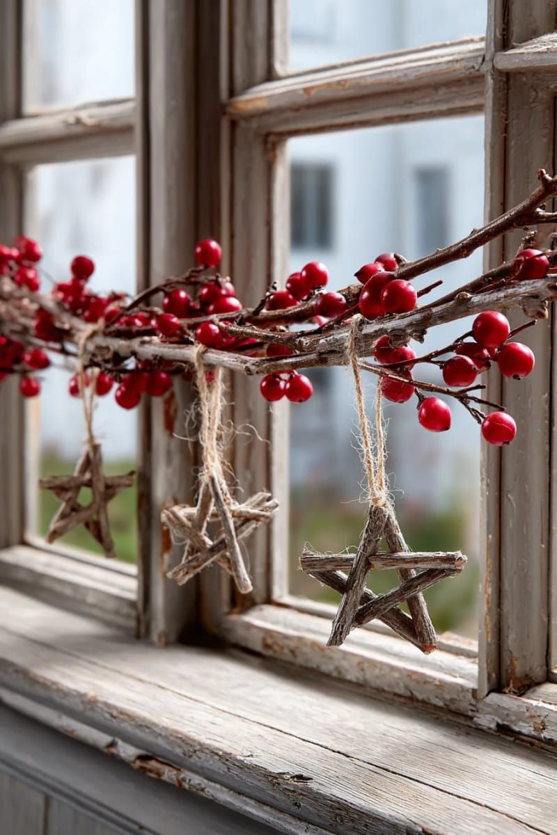 31 Cozy Rustic Decor Ideas for a Warm Xmas 66 rustic twig star garland with red berries strung across a window 1