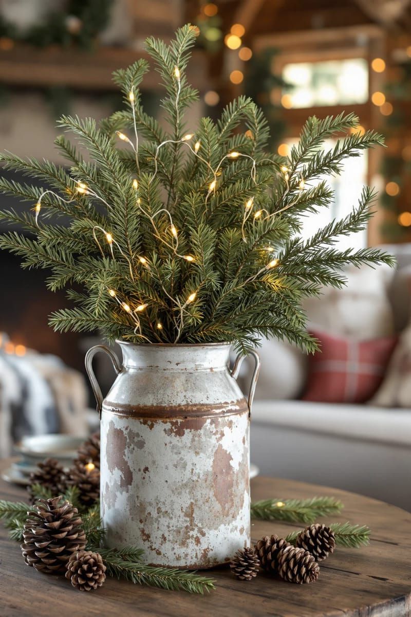 31 Cozy Rustic Decor Ideas for a Warm Xmas 67 antique milk can holding cedar branches and twinkling fairy lights 1