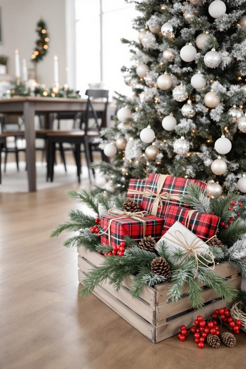 31 Cozy Rustic Decor Ideas for a Warm Xmas 7 wooden crate display filled with plaid-wrapped gifts, pine branches, and berries 1