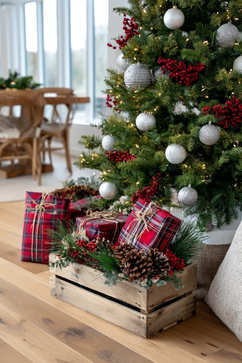 31 Cozy Rustic Decor Ideas for a Warm Xmas 9 wooden crate display filled with plaid-wrapped gifts, pine branches, and berries 1