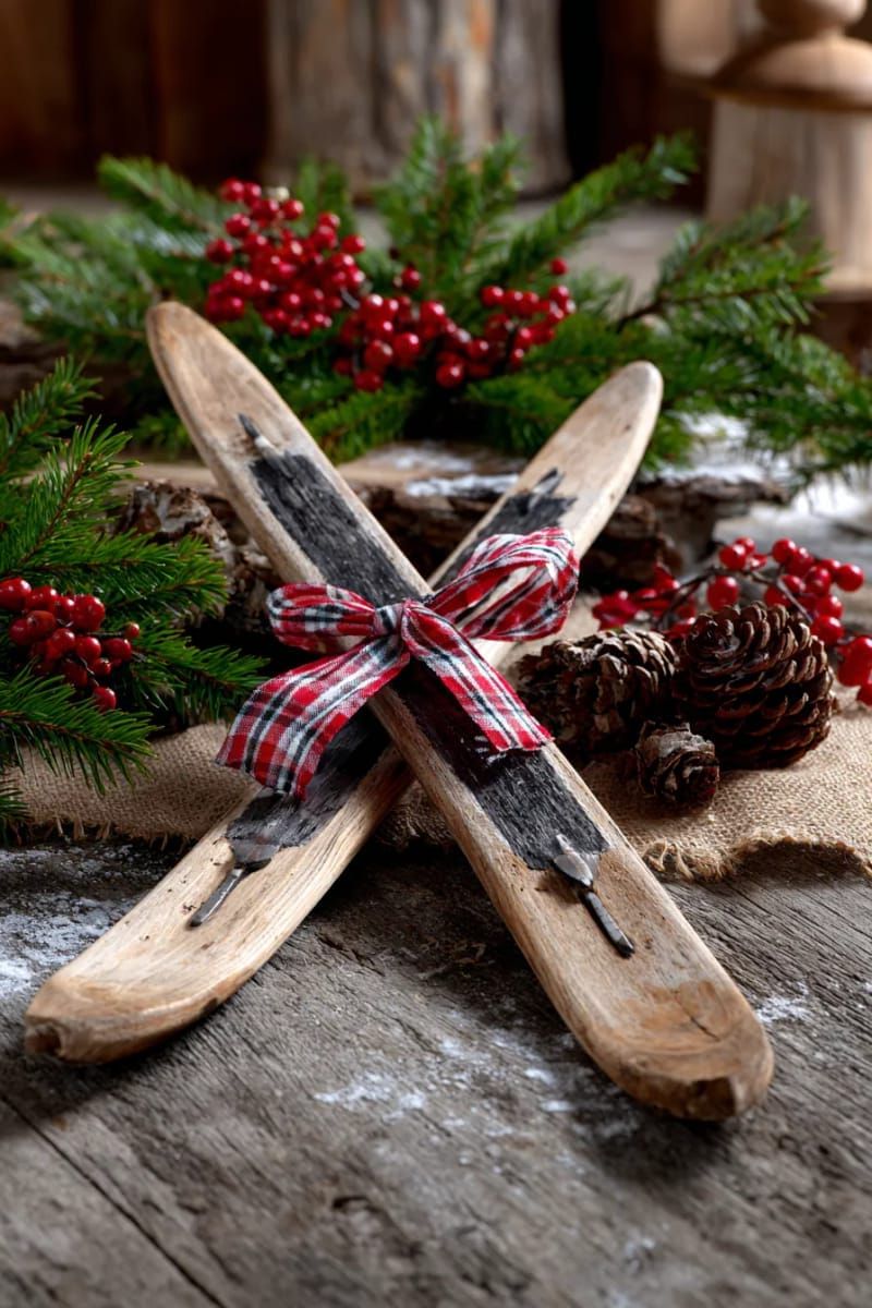 31 Cozy Rustic Decor Ideas for a Warm Xmas 35 mini wooden skis crossed and tied with ribbon for a nostalgic touch 1