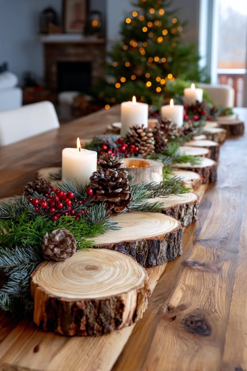 31 Cozy Rustic Decor Ideas for a Warm Xmas 46 log slices arranged as a rustic woodland table runner centerpiece 1