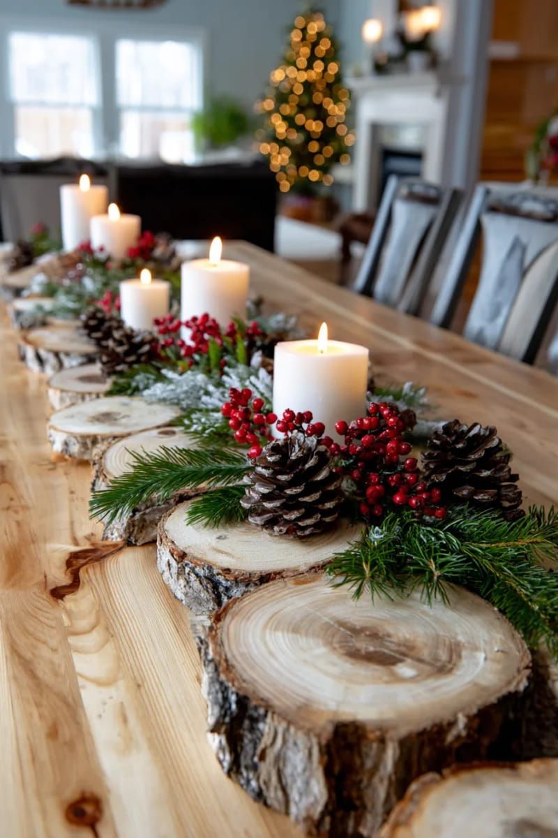 31 Cozy Rustic Decor Ideas for a Warm Xmas 47 log slices arranged as a rustic woodland table runner centerpiece 1