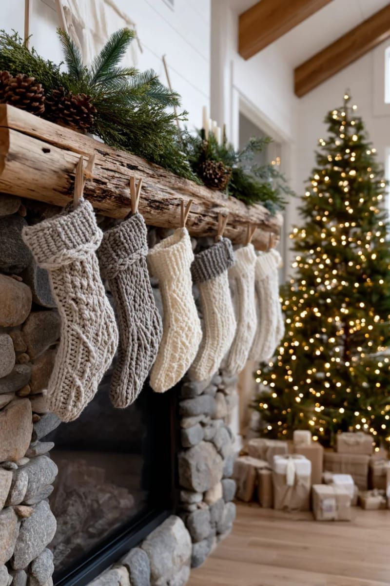 31 Cozy Rustic Decor Ideas for a Warm Xmas 39 chunky knit stockings hanging from a branch mounted on the wall 1