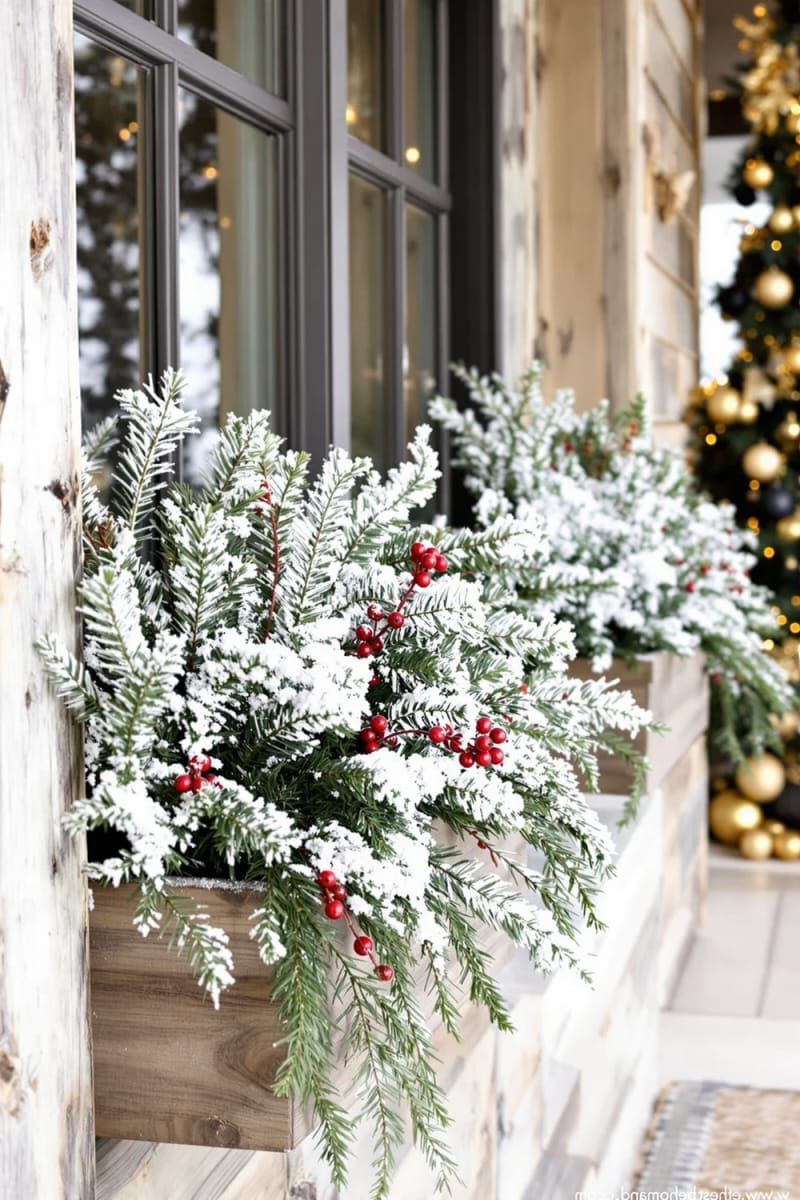 31 Cozy Rustic Decor Ideas for a Warm Xmas 64 snow-dusted faux greenery in wooden planter boxes on windowsills 1
