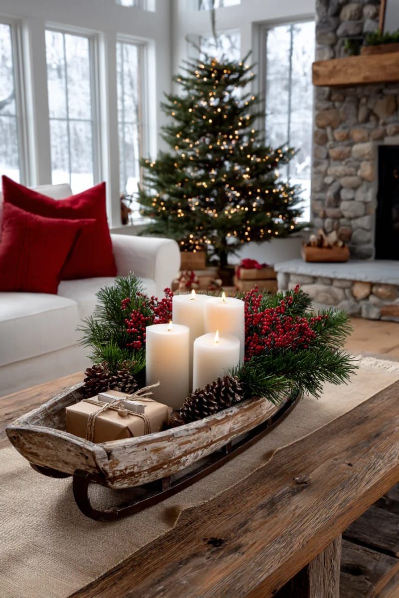31 Cozy Rustic Decor Ideas for a Warm Xmas 14 vintage sleigh centerpiece with evergreen sprigs and pillar candles 1