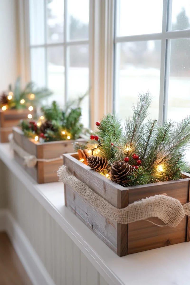 31 Cozy Rustic Decor Ideas for a Warm Xmas 63 snow-dusted faux greenery in wooden planter boxes on windowsills 1