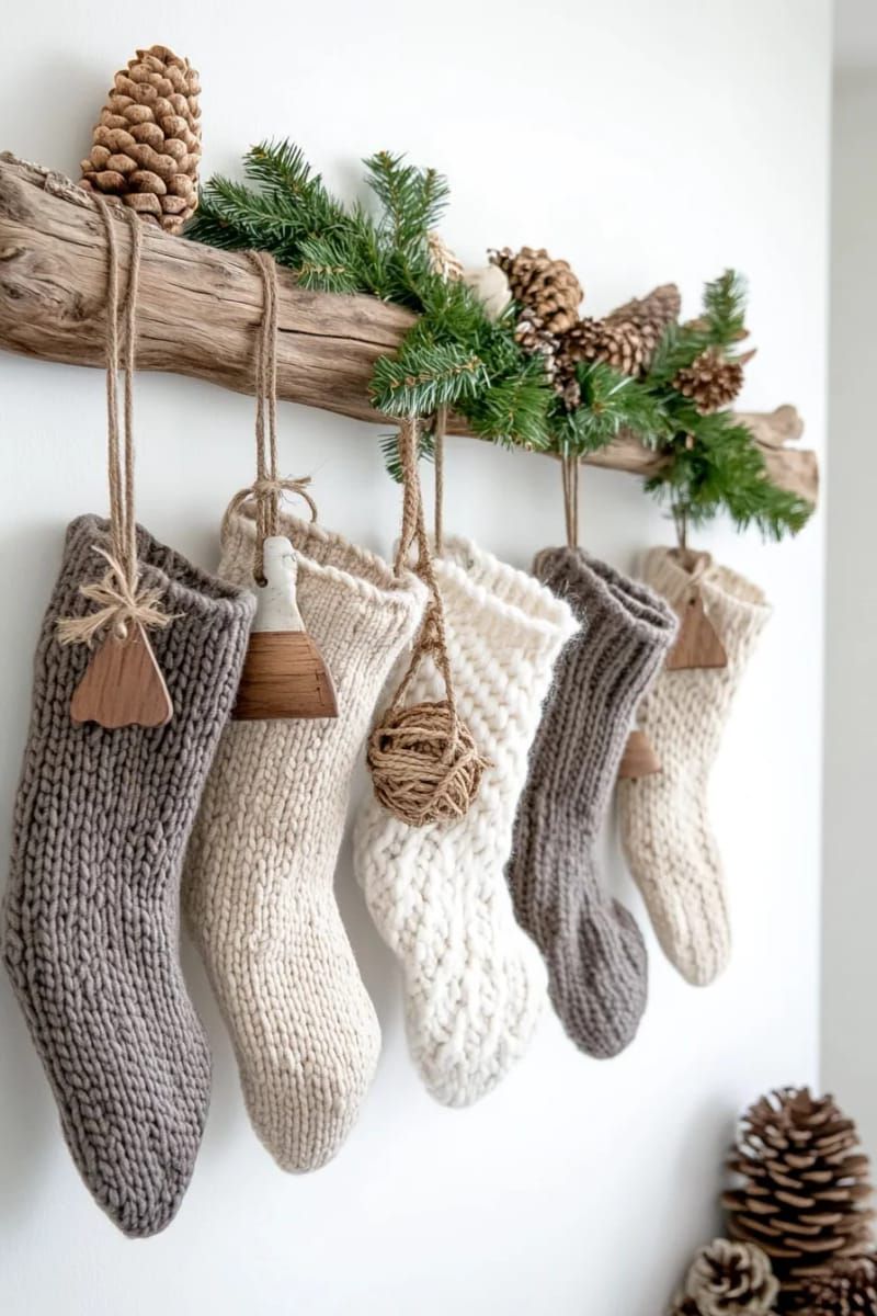 31 Cozy Rustic Decor Ideas for a Warm Xmas 38 chunky knit stockings hanging from a branch mounted on the wall 1