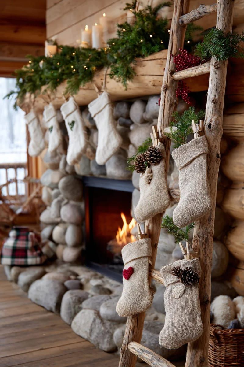 31 Cozy Rustic Decor Ideas for a Warm Xmas 3 miniature burlap stockings hanging from a rustic wooden ladder by the fireplace 1