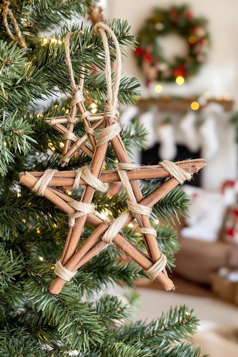 31 Cozy Rustic Decor Ideas for a Warm Xmas 10 cinnamon stick stars tied with twine and hung as christmas tree ornaments 1