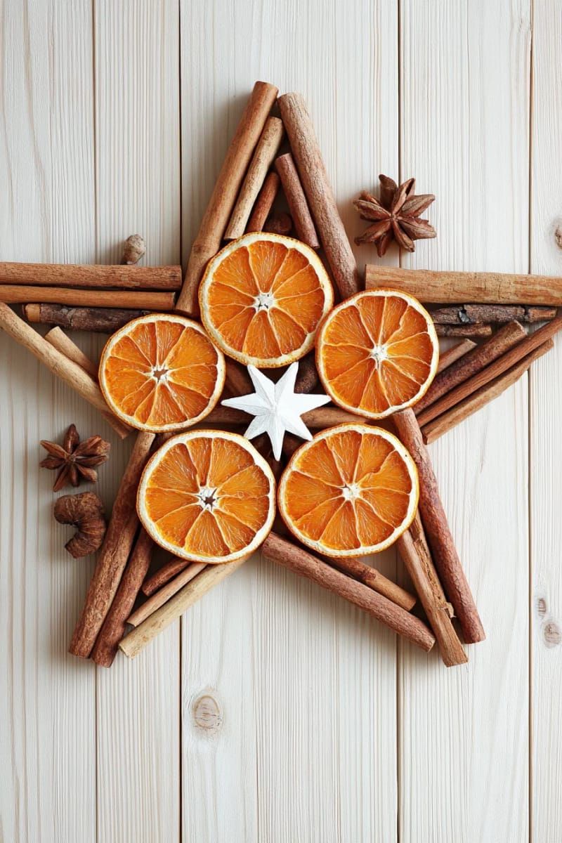 31 Cozy Rustic Decor Ideas for a Warm Xmas 32 star-shaped wall art made from dried orange slices and cinnamon sticks 1