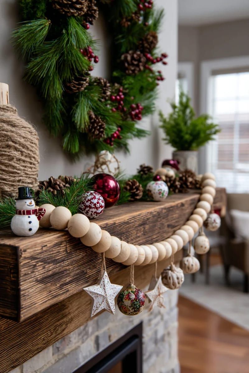 31 Cozy Rustic Decor Ideas for a Warm Xmas 76 wooden bead garland with tiny hand-painted ornaments for the mantel 1