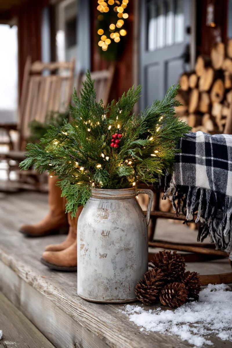 31 Cozy Rustic Decor Ideas for a Warm Xmas 68 antique milk can holding cedar branches and twinkling fairy lights 1
