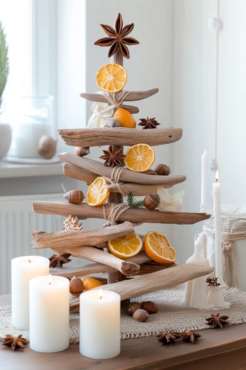 31 Cozy Rustic Decor Ideas for a Warm Xmas 51 driftwood christmas tree decorated with dried citrus and star anise 1