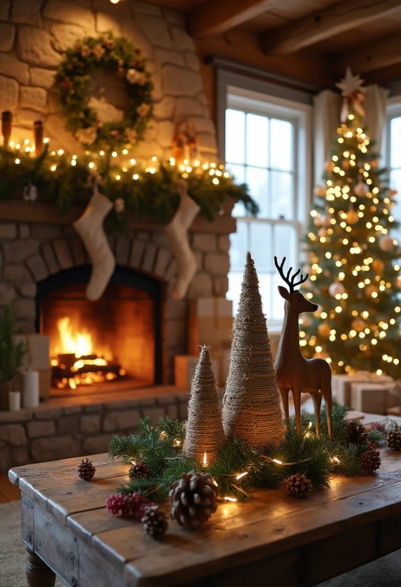 31 Cozy Rustic Decor Ideas for a Warm Xmas 23 hand-painted wooden reindeer standing guard beside a jute-wrapped tree 1