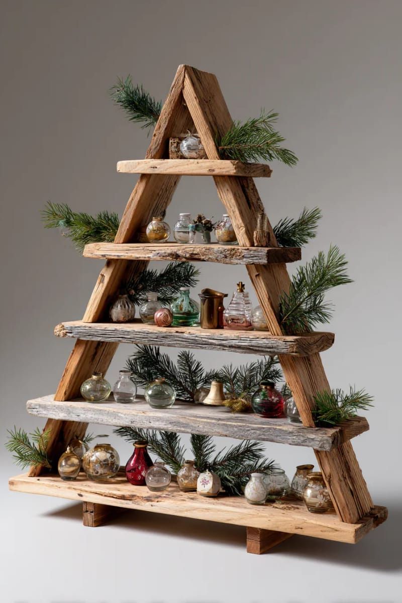 31 Cozy Rustic Decor Ideas for a Warm Xmas 41 tree-shaped shelf display with tiny vintage ornaments and pine sprigs 1